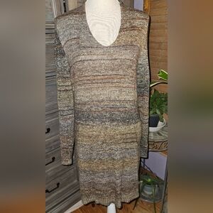 Max Studio Brown & Gray Knit Dress with Hood & Pockets Sz Large Good Condition